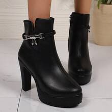 Women's Ultra High Heel Platform Ankle Boots, Autumn/Winter New Fashion Round Toe Rhinestone Bow Thin Heel Boots, Slimming Leather Boots - Black - View 3