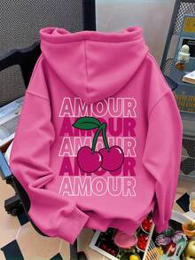 Autumn Cherry Pattern Sweatshirt, Casual Slouchy Hooded Sweatshirt - Baby Pink - View 1