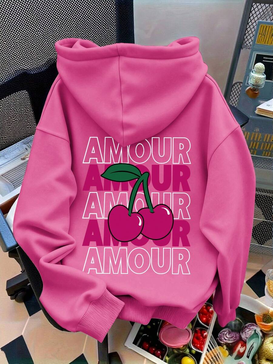 Autumn Cherry Pattern Sweatshirt, Casual Slouchy Hooded Sweatshirt - Baby Pink - View 1