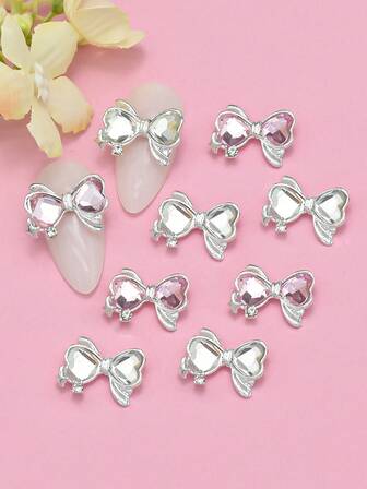 5件闪亮蝴蝶结美甲装饰日系甜美风格心形水钻蝴蝶美甲用品，DIY美甲饰品，美甲配件。