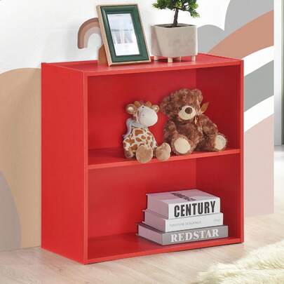 Contemporary 2-Tier Bookcase Storage Organizer Red Wooden Shelf For Home Office
