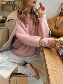 FOR BEAUTY Autumn/Winter Y2K Women's Pink Round Neck Long Sleeve Knit Hoodie, Loose Fit Sweet Fashion Street Date Commute Top Fall - Pink - View 4