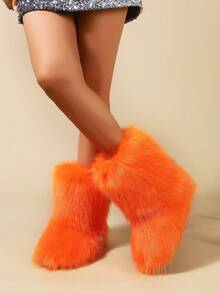 Women's Faux Fur Boots Furry Mid Calf Fur Boots Comfortable Outdoor Flat Shoes Winter Warm Plush Surface Snow Boots - Màu Cam cháy - Xem 4