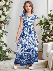 Kilottor Tween Girl Bohemian Floral Print Cap Sleeve Long Dress, Vacation Style - Blue - View 2