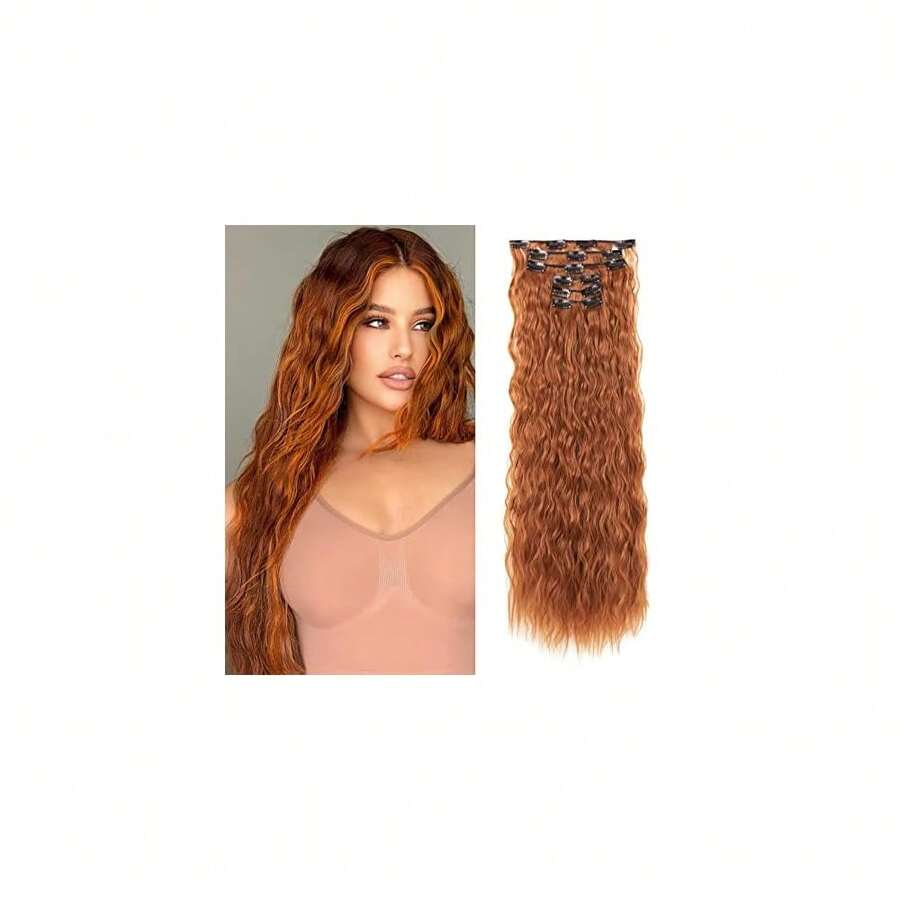 Clip In Hair Extensions, 6PCS Curly 24inch Long Synthetic Clip On Hairpiece For Women-Copper Red,CopperRed - 銅紅 - 查看 1