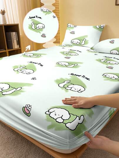 1件可爱卡通小狗印花磨毛床笠，卧室印花床罩，床上用品（不含枕套）