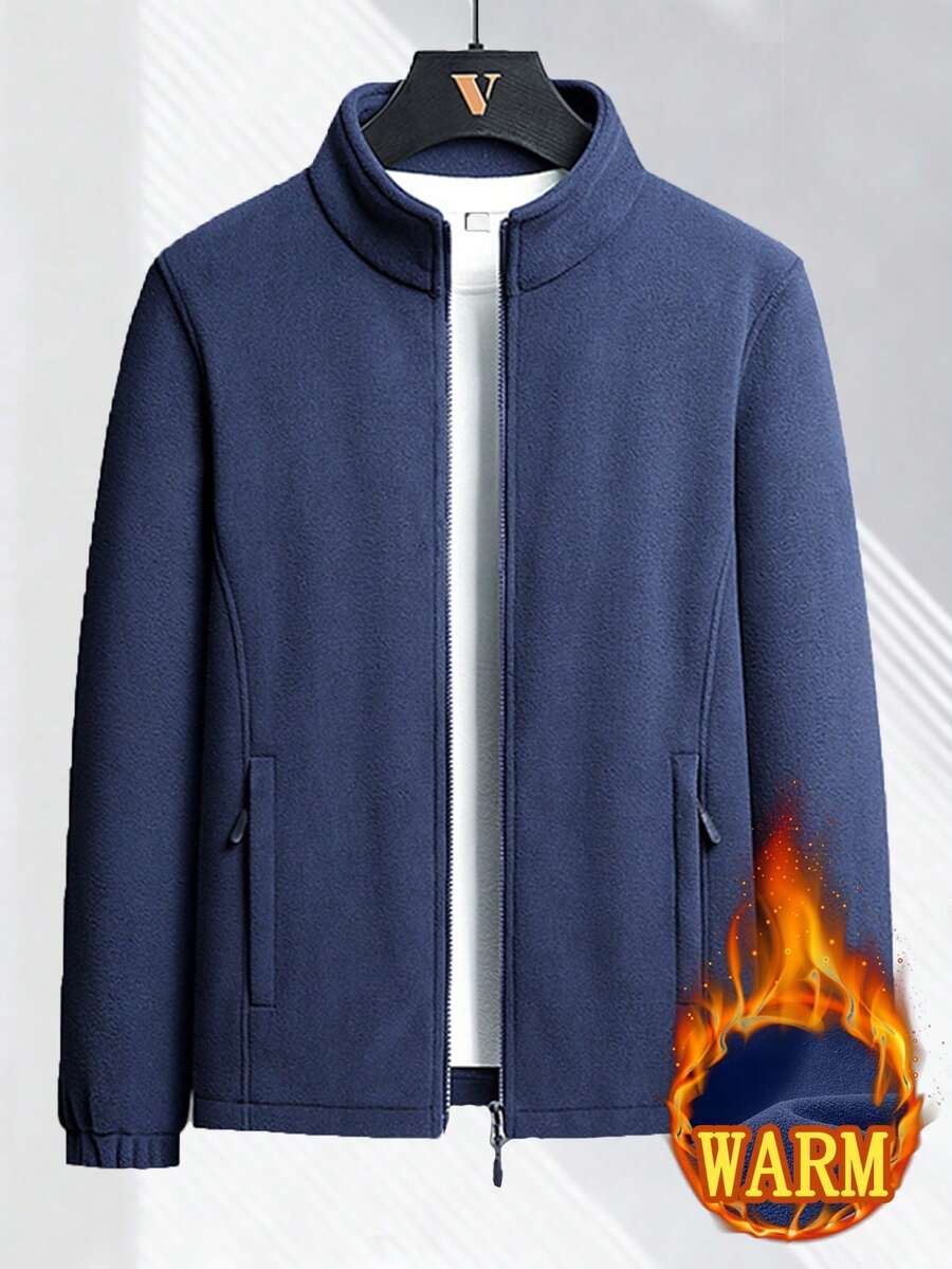 男士户外抓绒外套，加厚保暖羊羔绒内衬，立领拉链开衫，适合户外运动和日常穿着，秋冬季节，滑雪 - 藍色 - 查看 1