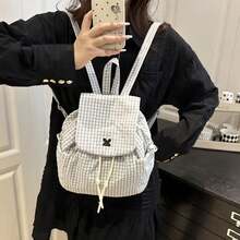 Simple Plaid Drawstring Backpack Large Capacity Portable Commuter Bag Canvas Hiking Bag College Student  Shoulder Casual Bag - A - View 4