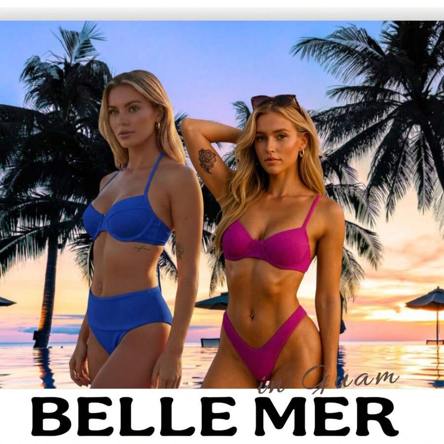 Set Of 2 Retro Beachwear Bikinis/Hot Pants - Super - BIC BLUE / FUSCIA - View 1
