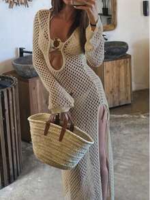 FOR BEAUTY 卡其色新款女士连衣裙，蜜月及婚礼季海滩度假风，性感透视镂空连衣裙，波西米亚风深V领长袖针织罩衫，适合狂欢节、新年、情人节等场合。 - 卡其色 - 查看 7