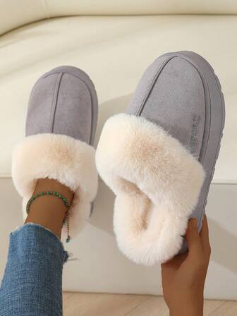 Thick Plush Lined Slip-On Slippers With Fluffy Cuff, Warm & Durable For Indoor/Outdoor Wear, Unisex For Winter