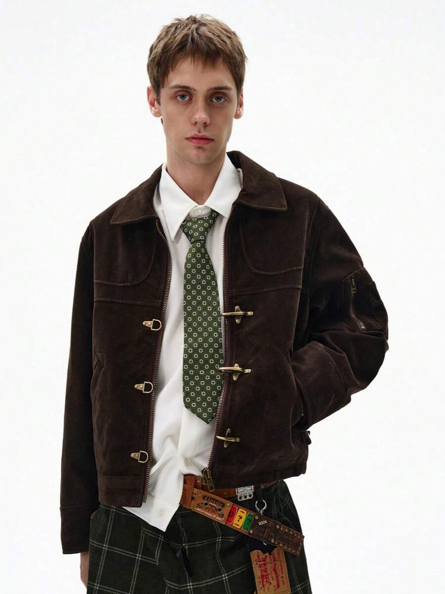 Retro Deconstruction Airplane Buckle Flight Jacket For Men And Women In Spring And Autumn, Niche Design Sense, Casual Short Jacket - Brown - View 1