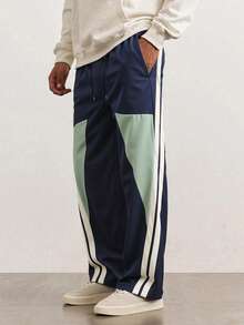 Striped Contrast Color Patchwork Sports Pants, Men's Loose Straight Leg Drawstring Waist Trousers For Gym Workout Training Running Outdoor Hiking Casual Daily Wear, Spring/Summer - Navy Blue - View 2