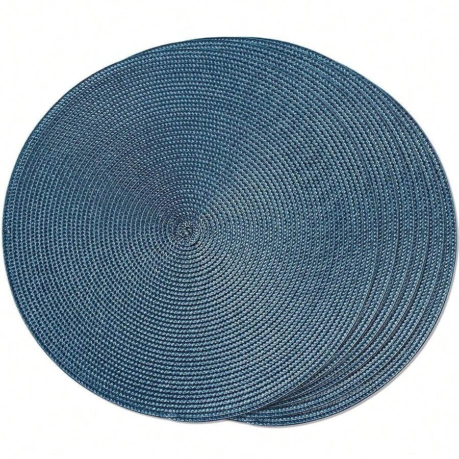 FunWheat Round Braided Placemats Set Of 6 Table Mats For Dining Tables Woven Washable Non-Slip Place Mats 15 In(Blue, 6pcs),Blue15inchessetof6 - Biru 15 inci set isi 6 - View 1