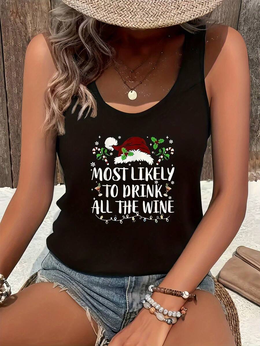 Women'S Christmas Party Top - Most Likely To Drink All The Wine Funny Holiday Shirt - Sleeveless Tank For Wine Lovers - Lightweight Summer Outfit - Casual Christmas Party Attire - Funny Christmas Gift For Women, Festive Clothing, Playful Design, Comfortable Fit, Festive Tank Top, Holiday Shoppers, Ladies' Vest, Most Likely Christmas Sleeveless Shirt, Christmas Tank Top Green For Women, Gnome Clothing, Gnome Tank, Summer Christmas Singlet, Christmas Sleeveless Blouse For Women - màu đen - Xem 1