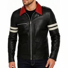 - chamarra de piel negro para hombre de videojuegos - chamarra de piel genuino con rayas blancas negras para motocicleta para hombre - 2XL + Cuero de imitación black - Ver 2