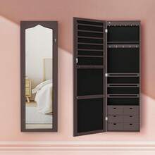 Espejo Organizador con LED,120CM Espejos para Puerta con Joyero,Espejo Joyero,Espejos Organizador de Joyeria,6 Cajas de Almacenamiento 120 * 37 * 8.7CM - Marrón - Ver 2