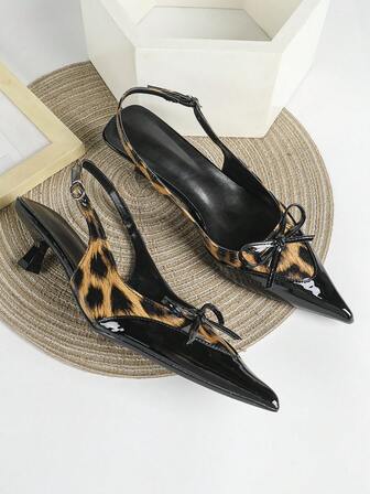 Women's Sexy Leopard Print Black Patchwork High Heel Pumps, Pointed Toe Bowknot Backless Stiletto Party Wedding Dress Shoes, 5cm Heel Height,Kitten Heels
