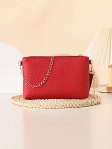 Bolso de hombro/bandolera minimalista de unicolor con patrón de ondas en relieve de PU, con monedero - Burdeos - Ver 3