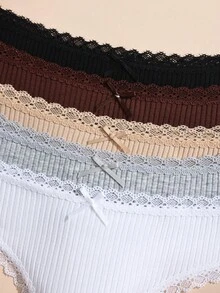 5pcs/Pack Romantic Lace Patchwork Women's Thong Panties, Cute Bow Decor, Cotton Stretch Soft Breathable Ladies Underwear