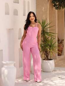 Long Jumpsuit With Straight Cut, Slit, Adjustable Straps, Pockets, And Zipper. Elegant Tailoring. - Hoa hồng - Xem 3
