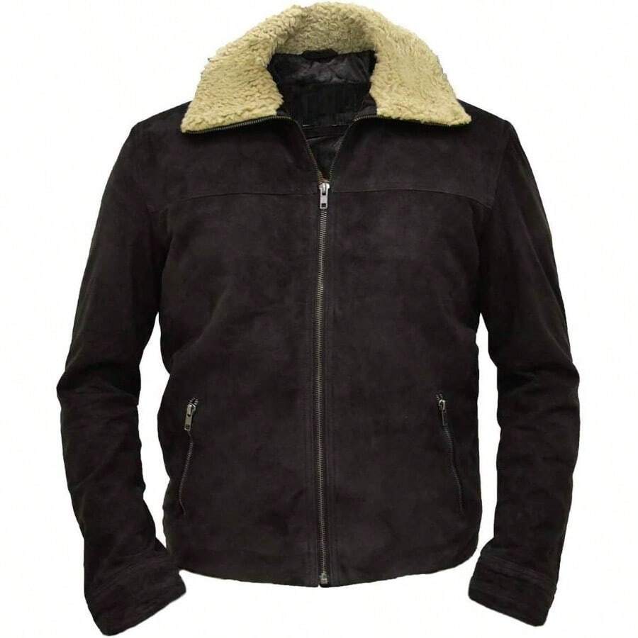 Grimes Walking Season 5 Fur Shearling Collar Brown Suede Motorista chamarra para hombre, caf Oscuro - piel de Ante, Small - inicial - Ver 1