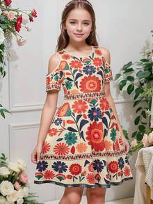 Kilottor Vestido informal para niñas preadolescentes con hombros recortados y estampado - Naranja - Ver 1