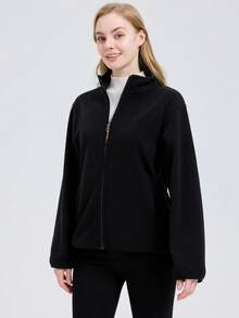 1pc Women's Outdoor Black Long Sleeve Jacket, Warm Fleece Coat, Long Sleeve Outerwear - Black - View 6