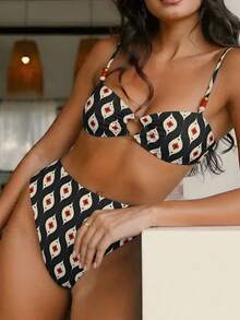 2pcs Striped Print Sexy Backless High Waist Bikini Set, Suitable For Beach, Vacation, Summer