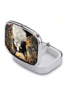Caja redonda de píldoras con diseño vintage de árbol, floral, gato y colibrí - Organizador de píldoras de metal con 3 compartimentos y diseño de nota musical, conveniente para viajes, oficina o regalo, adecuado para bolso - Multicolor - Ver 4