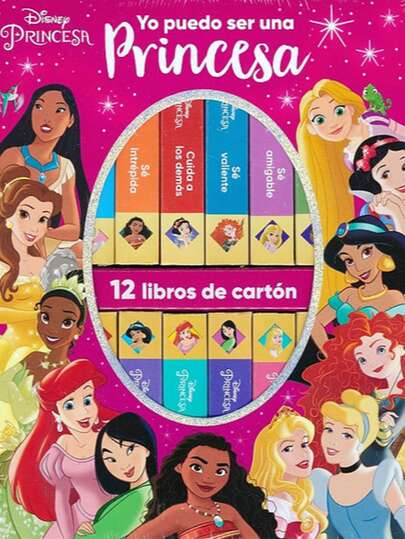 LIBRO INFANTIL- YO PUEDO SER UNA PRINCESA. MI PRIMERA BIBLIOTECA DE 12 LIBROS DE CARTÓN. ¡Los 12 libros de cartón te enseñan cómo ser tú también una princesa! Este encantador estuche reúne a tus Princesas Disney favoritas para acompañar a los más pequeños en sus primeros descubrimientos. Cada librito introduce conceptos esenciales como primeras palabras, números, colores, rimas y valores importantes para su crecimiento. Las princesas promueven la confianza, la autenticidad  en uno mismo, invitando a cada niña a creer en su propio potencial. Con Ariel, Aurora, Bella, Blancanieves, Jazmín, Moana, Mulán, Rapunzel y más, la lectura se convierte en una aventura mágica llena de diversión, aprendizaje y momentos especiales que pueden compartirse en familia. ¡Una biblioteca adorable y educativa que inspira sueños desde la infancia!