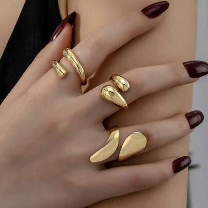 Kit 3 Anéis Femininos Assimétricos, Estilo Moderno e Ajustável