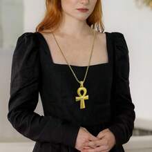 RechicGu Vintage Ancient Egyptian Cleopatra Coptic Sym.Bol Of Life Big Ankh Cross Pendant Long Chain Gothic Necklace,34inch,3DVintageGold - 3D復古金 - 查看 3