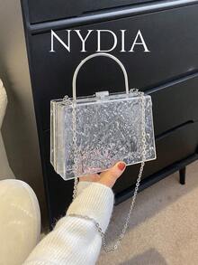 極簡鏈條裝飾透明水波紋硬殼金屬手提包，沙灘必備，適用於夏季女包，旅行、渡假、度假及沙灘完美伴侶，防水、防沙透明包，適用於沙灘運動、野餐零食女士透明手提包