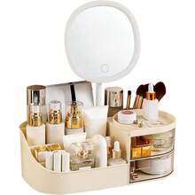 Makeup Organizer With Rechargeable MirrorMakeup Brush Holder With 2 Drawers Skincare And Cosmetics Organizer Countertop Large Capacity Cosmetic Display Case For Vanity Bedroom Bathroom Cream - Cream - View 2