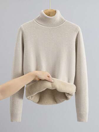 女士罗纹针织套头毛衣，长袖高领基础款上衣，中等弹力，修身版型，常规长度，休闲秋冬款