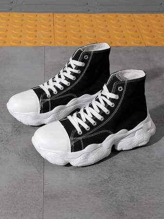 Women's Breathable Comfortable High-Top Canvas Shoes, Lightweight Thick Sole Lace-Up Versatile Sneakers, Suitable For All Seasons