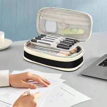 New FINPAC Expandable Pencil Case Large Capacity Pencil Box Pen And Marker Storage Pouch Stationery Organizer For Men Women Outdoors Pen Bag Office Supply Beige And Black - Màu be và đen - Xem 8