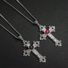 Gothic Cross Necklace Silver-Tone Pendant With Glass Stone, On 25" Steel Chain, Cross Necklace For Women, Large Goth Silver Cross Necklaces For Man, Big Y2k Necklaces, Halloween Jewelry,Red - 紅色 - 查看 5