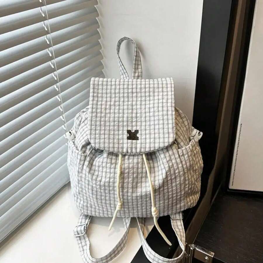 Simple Plaid Drawstring Backpack Large Capacity Portable Commuter Bag Canvas Hiking Bag College Student  Shoulder Casual Bag - A - View 1