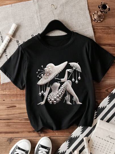 Elegant Pearl Lady Graphic Women'S Short Sleeve T-Shirt, Stretchy Polyester Fabric, Crew Neck Pullover, Casual Streetwear Top For Spring/Summer, Black With White And Pearl Design
