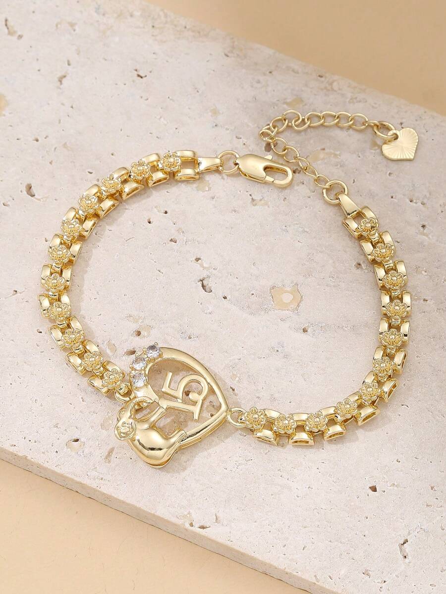 15 Zirconia Encrusted Heart Shaped Luxury Gold Bracelet, Unique Design, Fashionable Jewelry Accessory For Women, Suitable For Birthday, Anniversary, Daily Wear - Gold Tail Chain - View 1