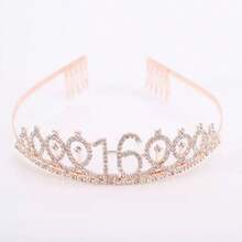 16th Birthday Rose Gold Rhinestone Number Tiara, Sparkling Princess Crown Headband For Girls Party & Celebration - Multicolor - View 3
