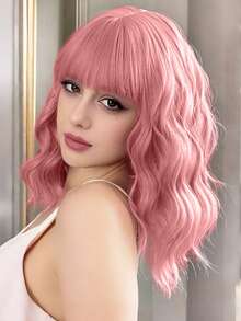 10, 12, And 14-Inch Pink Wavy Wigs With Bangs Perfect For Halloween Costumes Made Of Heat-Resistant Fiber Suitable For Women. - Multicolor - View 10
