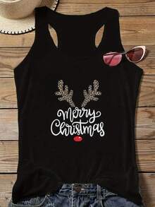 Women'S Christmas Tank Top - Sleeveless Shirt With Merry Christmas Text - Lightweight Breathable Fabric For Holiday Parties, Everyday Outfits - Machine Washable Casual Summer Top - Festive Christmas Apparel, Seasonal Fashion, Playful Design, Comfortable Fit, Holiday Shoppers, Christmas Summer Blouse, Gardening Tank Top, White Crop Top For Women, Christmas Women Clothes, Checkered Singlet Shirt, Women Sleeveless Christmas, Flamingo Shirt, Heavy Metal Singlet, Sleeveless Top For Women - màu đen - Xem 1