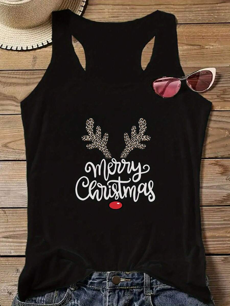 Women'S Christmas Tank Top - Sleeveless Shirt With Merry Christmas Text - Lightweight Breathable Fabric For Holiday Parties, Everyday Outfits - Machine Washable Casual Summer Top - Festive Christmas Apparel, Seasonal Fashion, Playful Design, Comfortable Fit, Holiday Shoppers, Christmas Summer Blouse, Gardening Tank Top, White Crop Top For Women, Christmas Women Clothes, Checkered Singlet Shirt, Women Sleeveless Christmas, Flamingo Shirt, Heavy Metal Singlet, Sleeveless Top For Women - màu đen - Xem 1