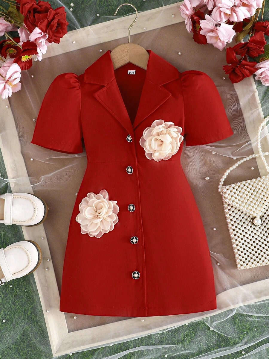 女童刺绣连衣裙,优雅翻领正式礼服,适合各种场合 - 紅色 - 查看 1