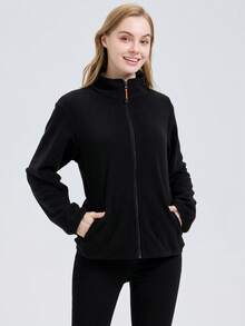 1pc Women's Outdoor Black Long Sleeve Jacket, Warm Fleece Coat, Long Sleeve Outerwear - Black - View 8