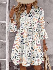 休闲简约V领七分袖复古印花图案女式短款连衣裙，时尚夏季度假春季连衣裙 - 白色 - 查看 4