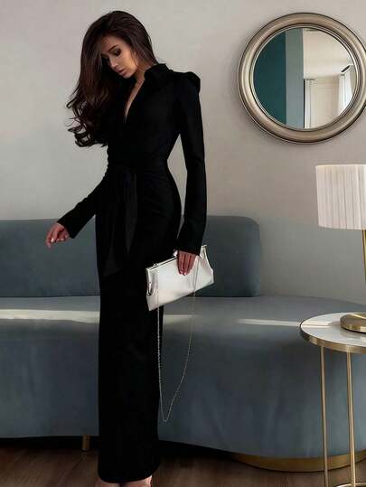 女士优雅长袖纯色连衣裙，带领子、腰带和拉链，修身剪裁，适合秋冬季节穿着，黑色春季款